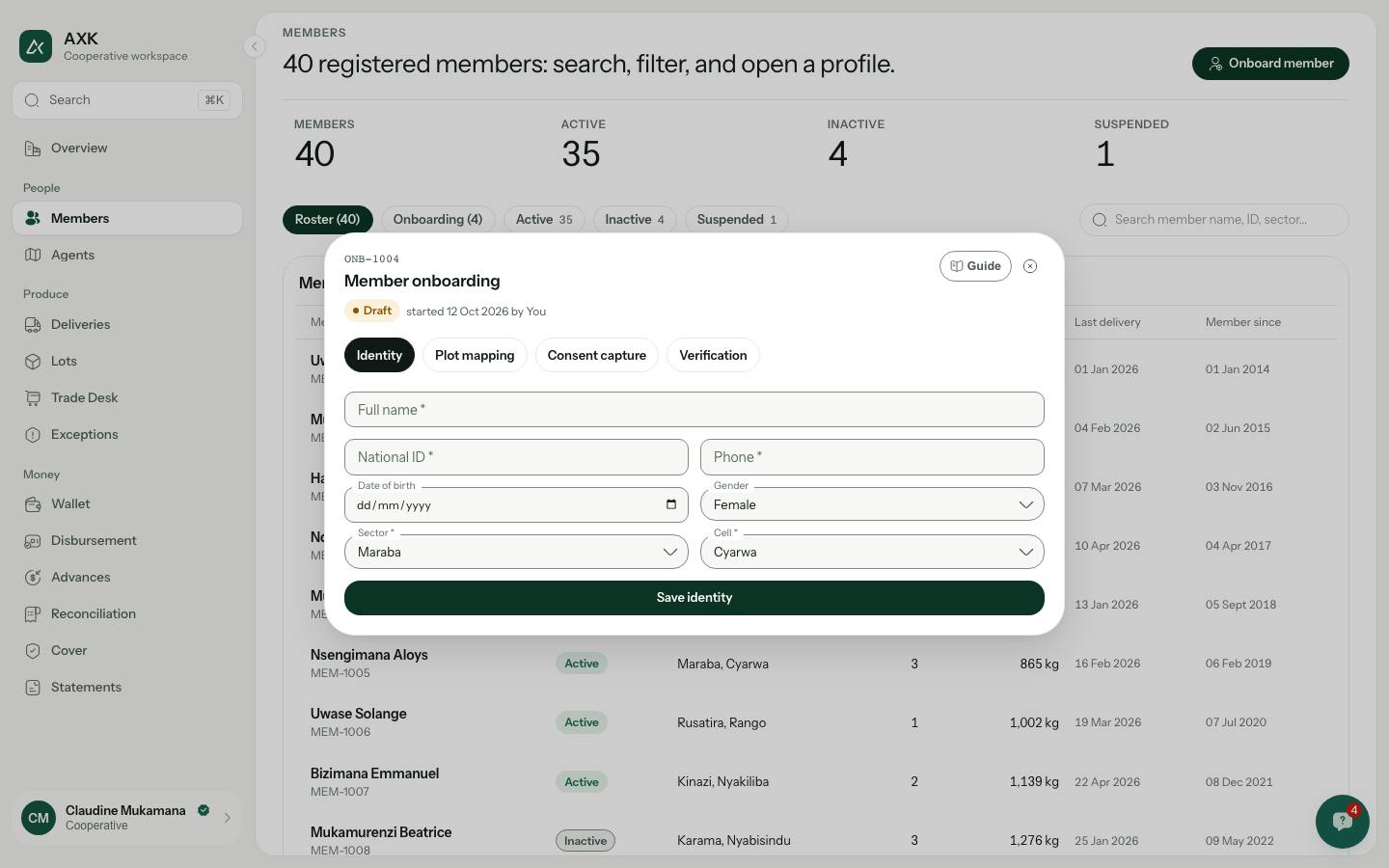 Member onboarding, identity step