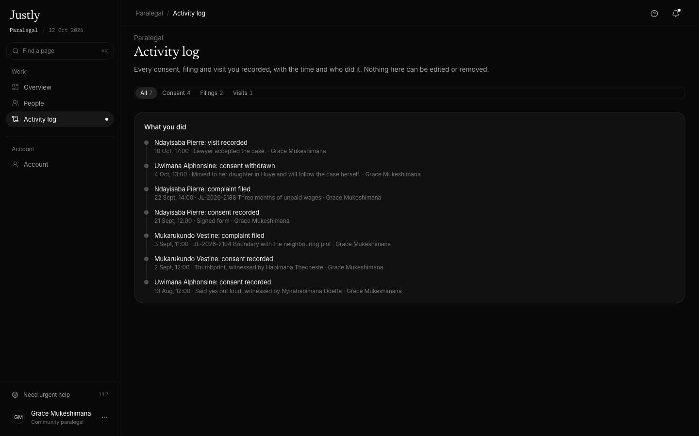 Paralegal activity log