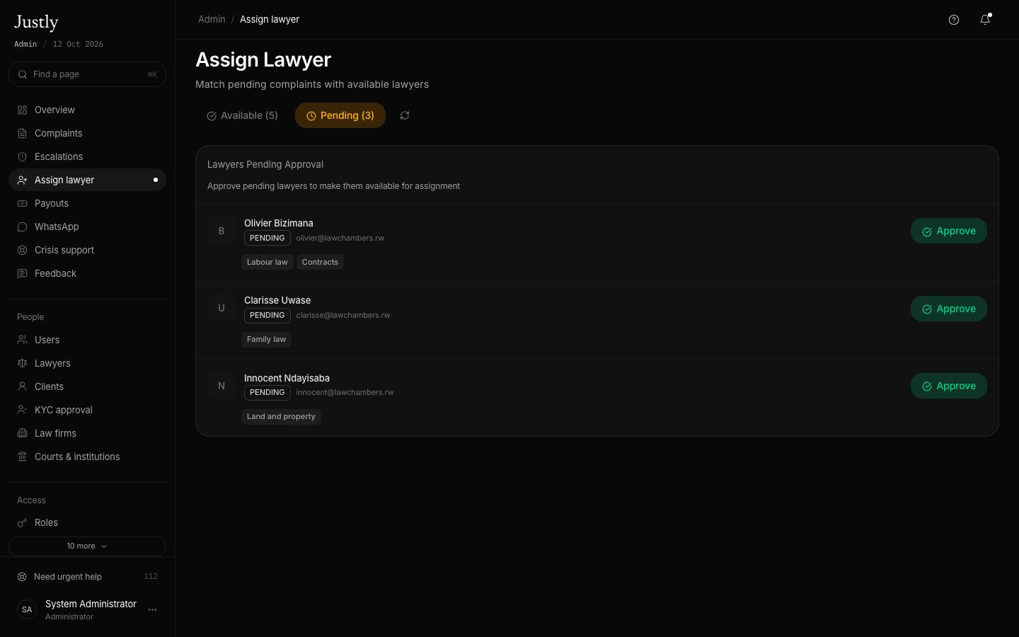 Assign lawyer, pending approval