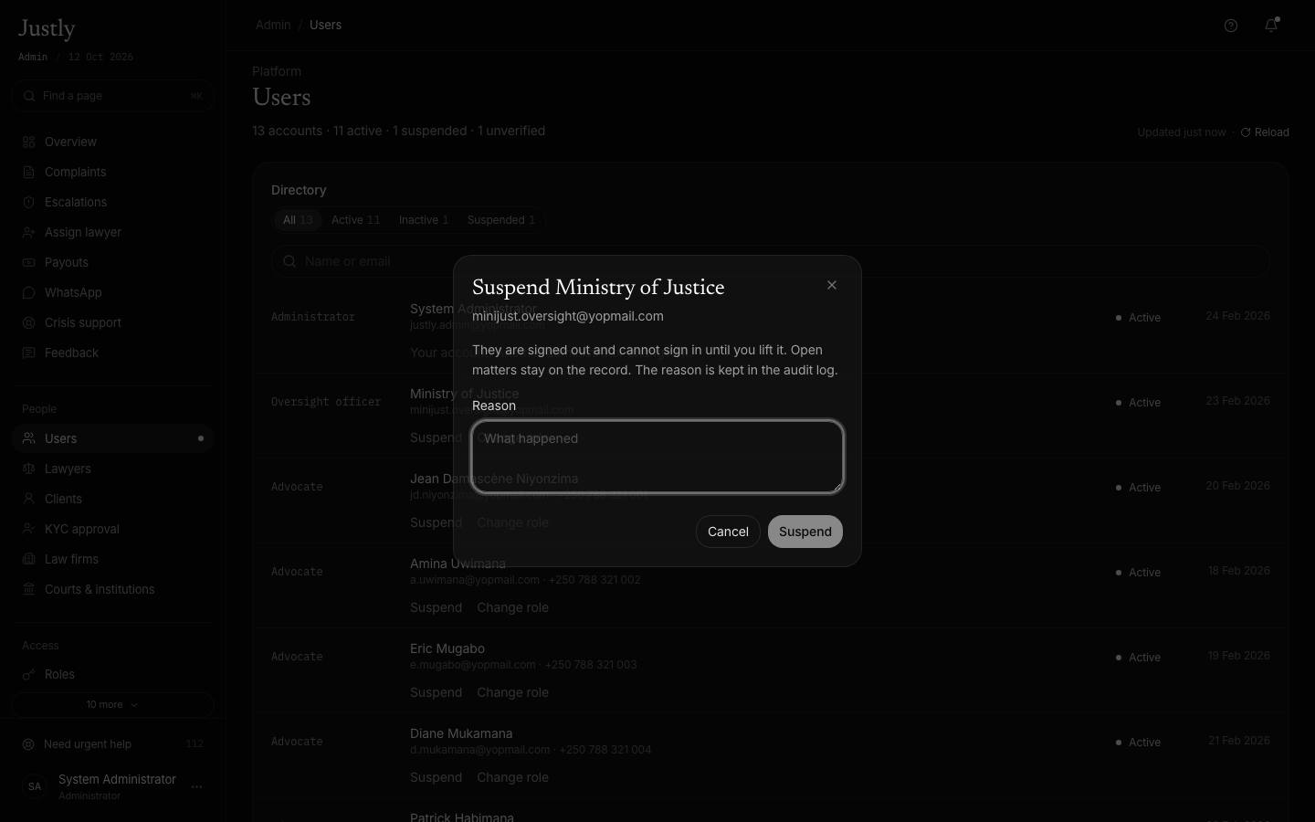 Suspend user dialog