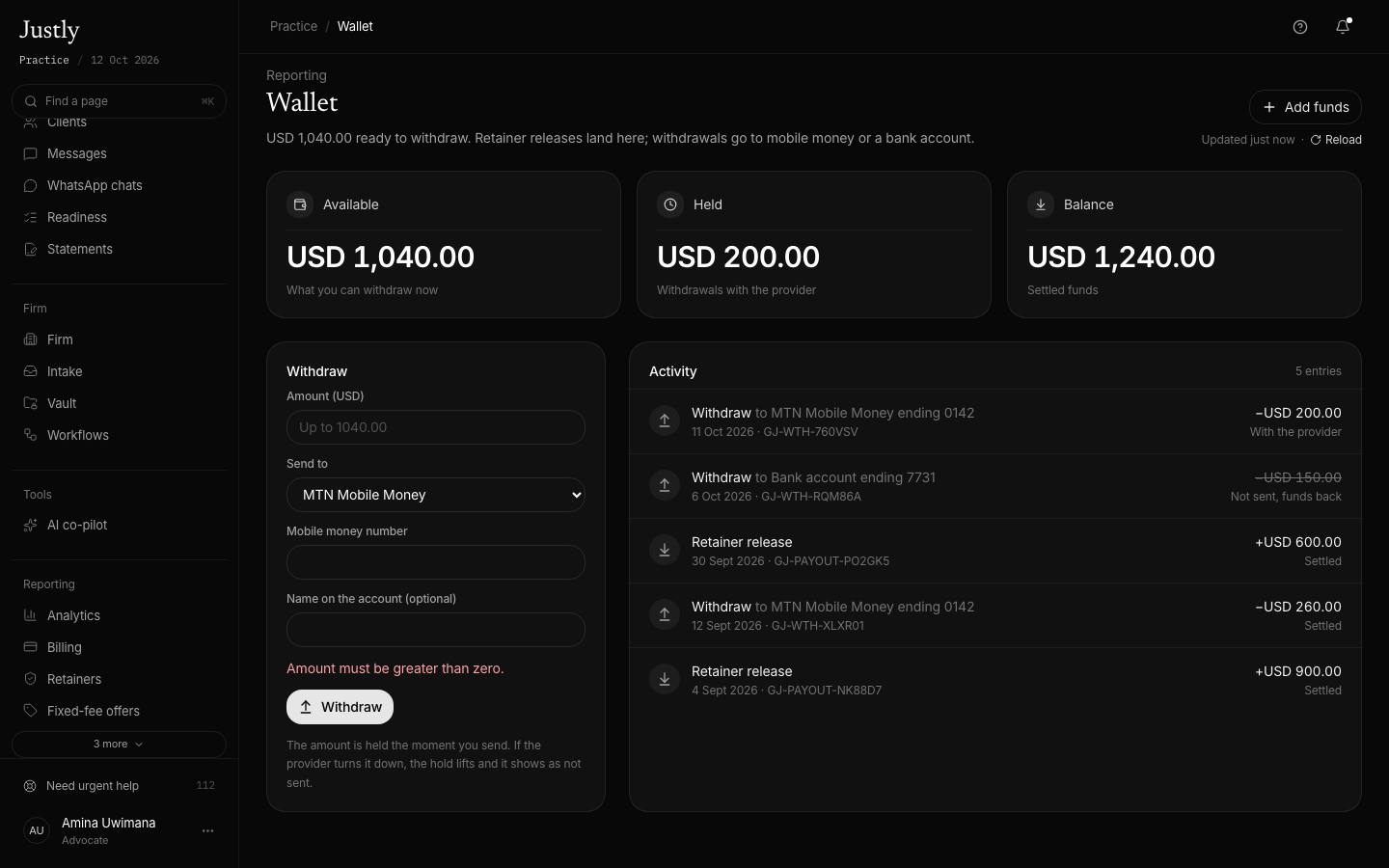 Wallet withdraw form