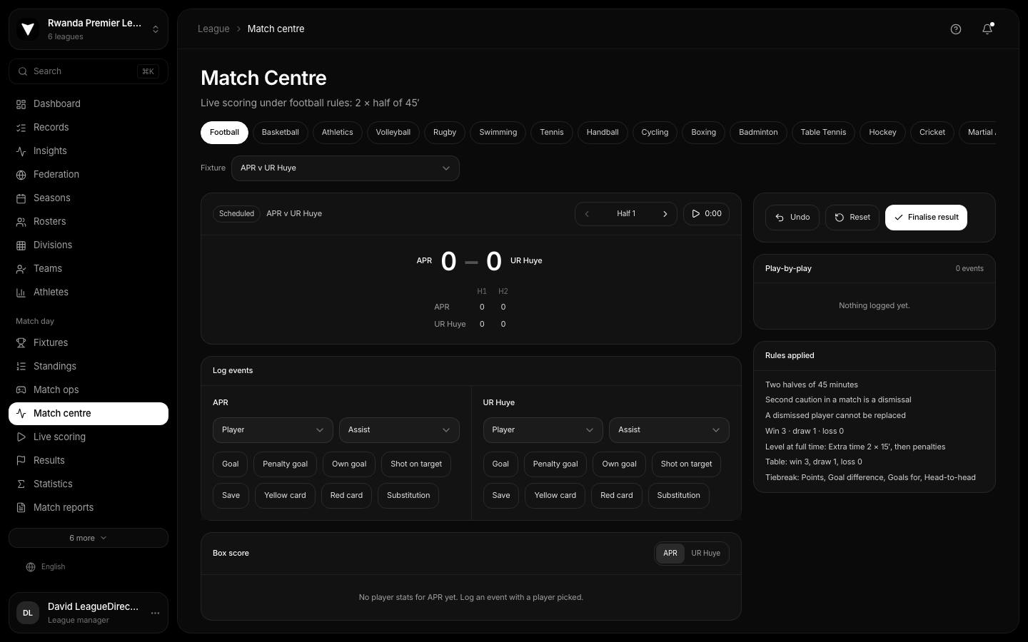 Match centre, live scoring under football rules